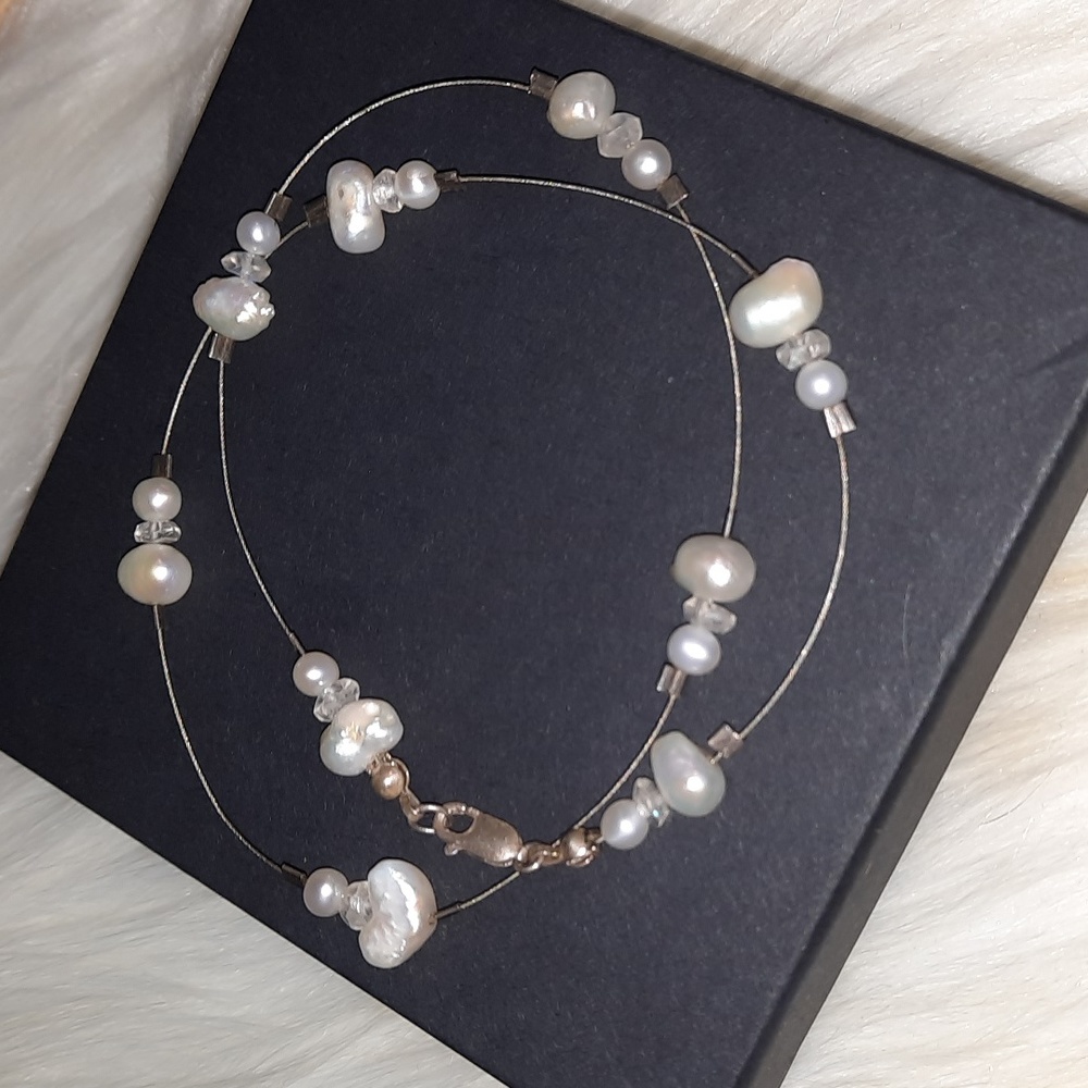 Sterling & Pearl station gemstone necklace lobster clasp 925 16in choker collar